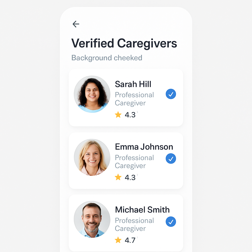 Tangkapan layar aplikasi: Verified Caregivers
